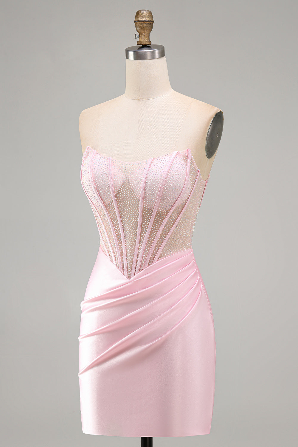 Pink Sparkly Corset Beaded Satin Short Tight Homecoming Dress