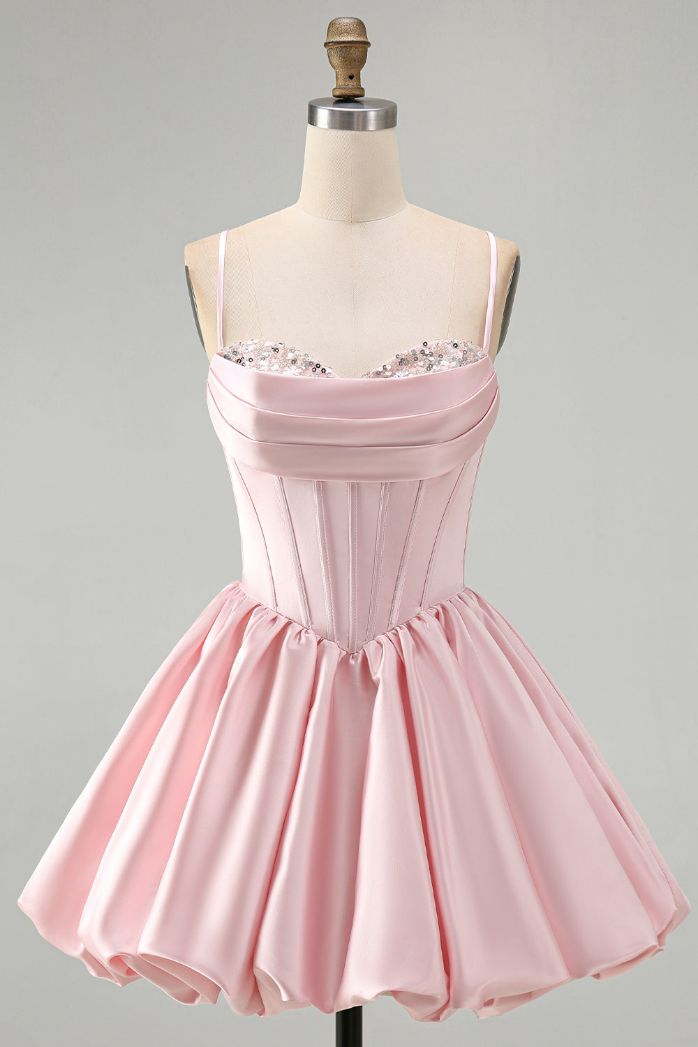 Pink A Line Satin Corset Ruched Short Homecoming Dress with Sequins