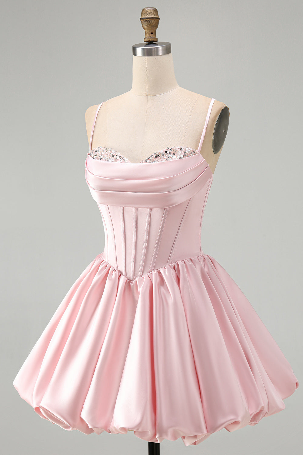 Pink A Line Satin Corset Ruched Short Homecoming Dress with Sequins