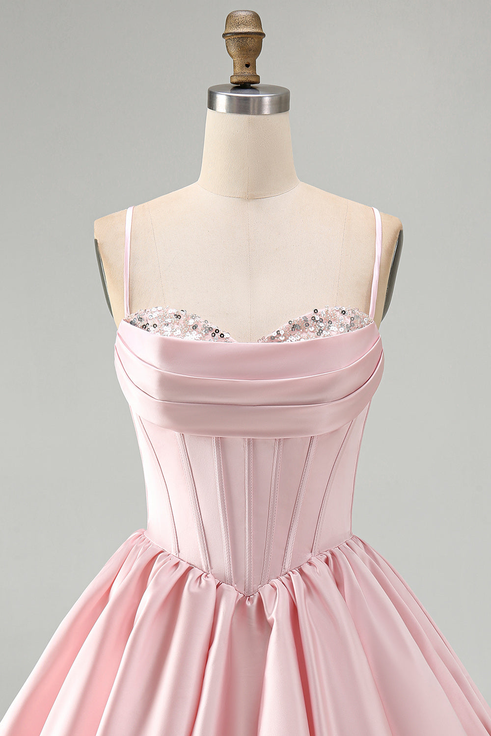 Pink A Line Satin Corset Ruched Short Homecoming Dress with Sequins