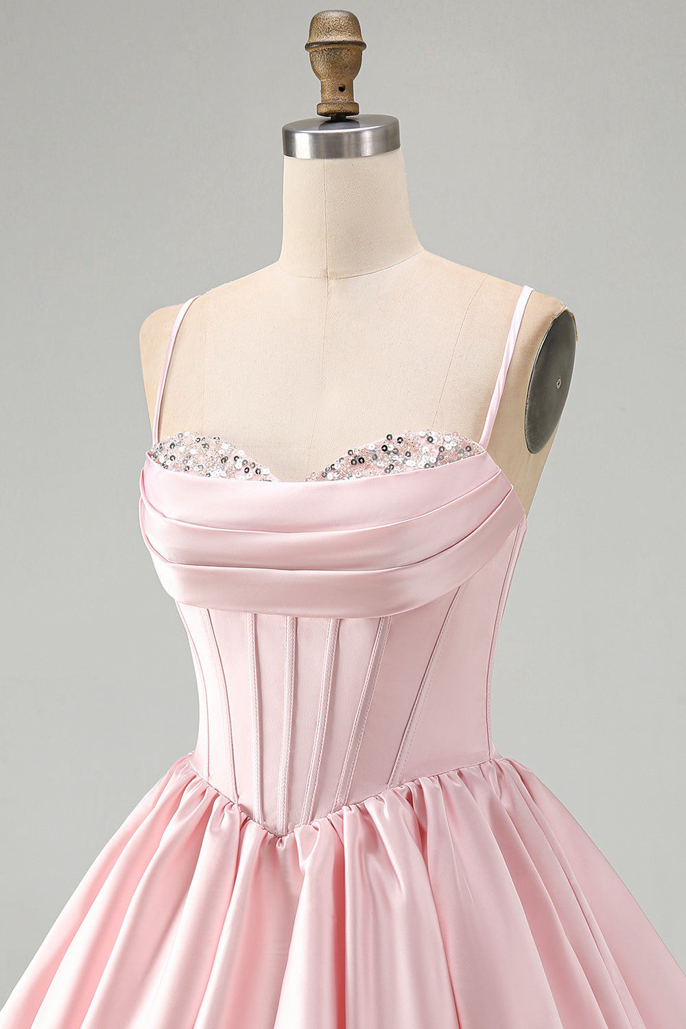 Pink A Line Satin Corset Ruched Short Homecoming Dress with Sequins