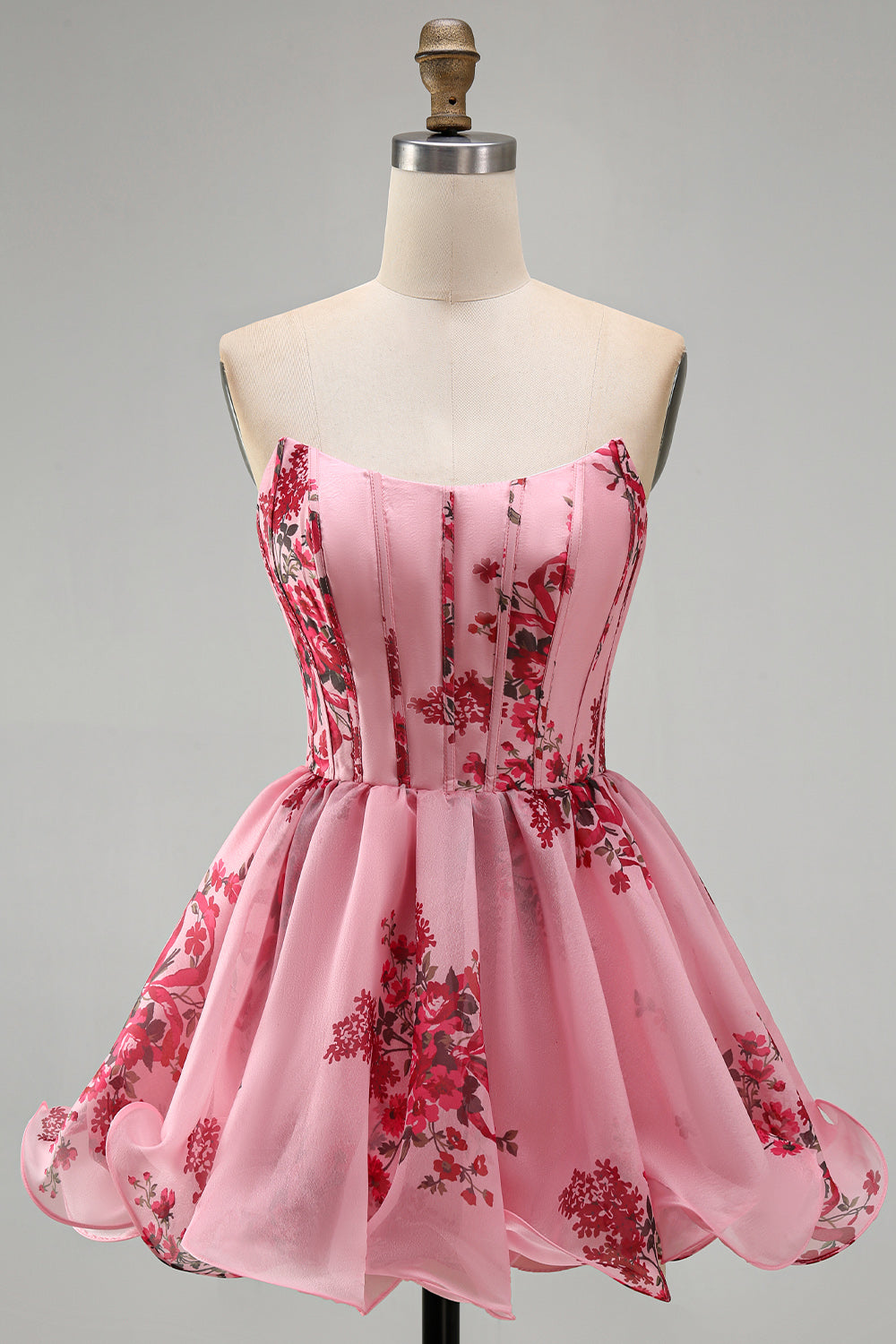Strapless Floral Pink A Line Short Corset Homecoming Dress