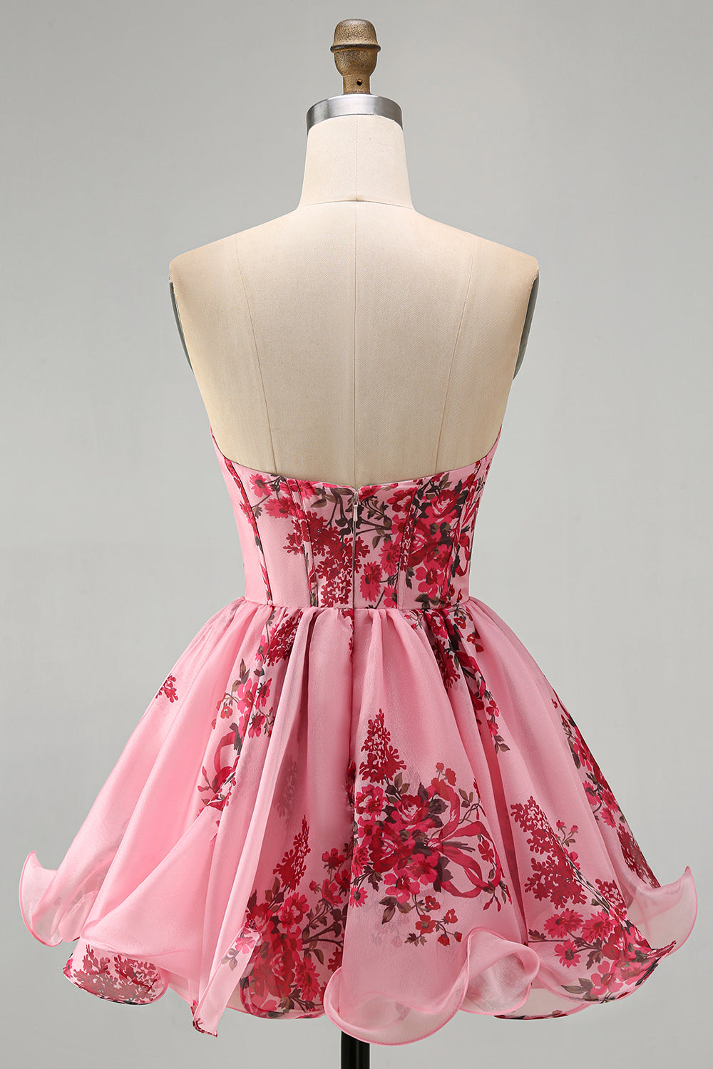 Strapless Floral Pink A Line Short Corset Homecoming Dress