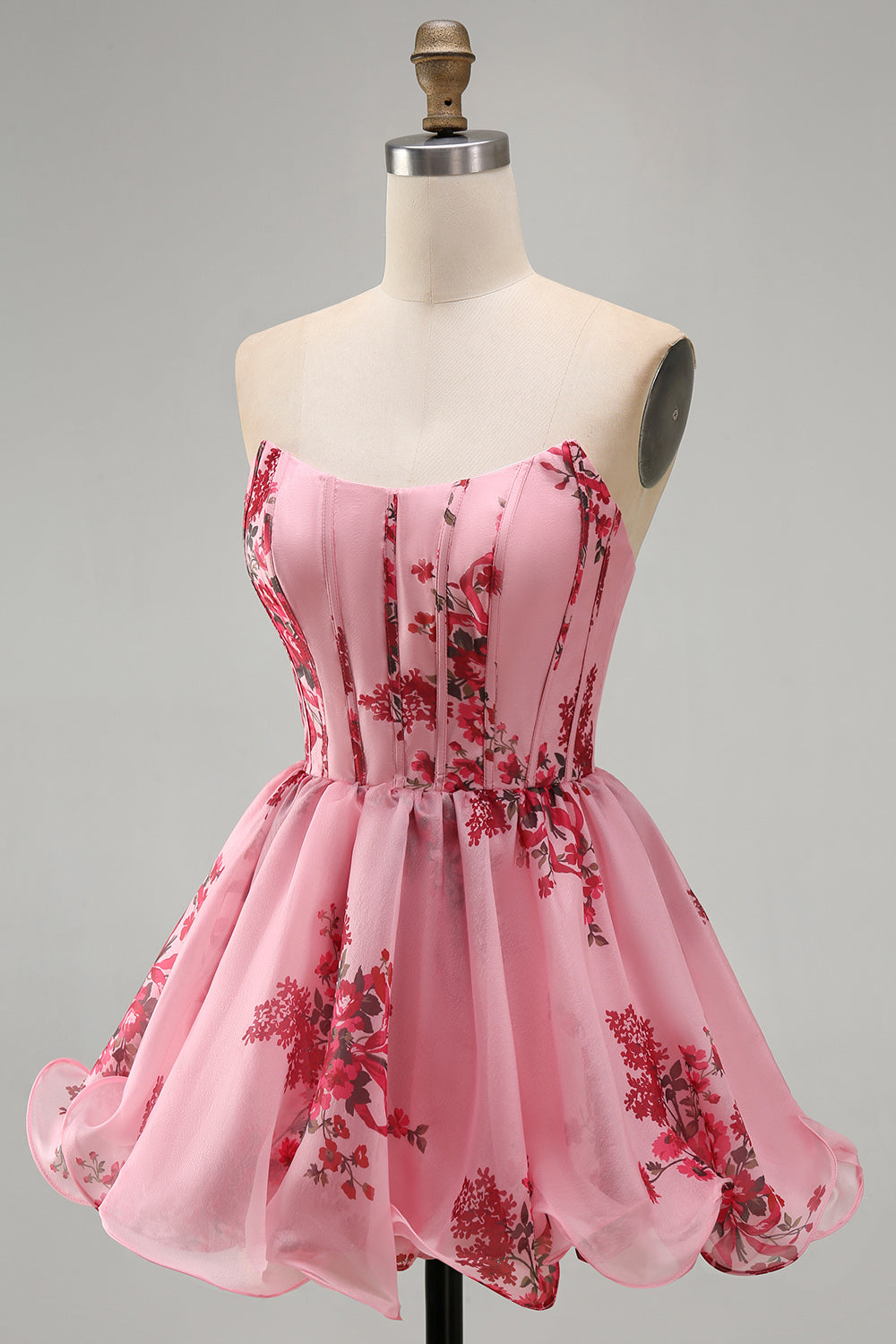 Strapless Floral Pink A Line Short Corset Homecoming Dress