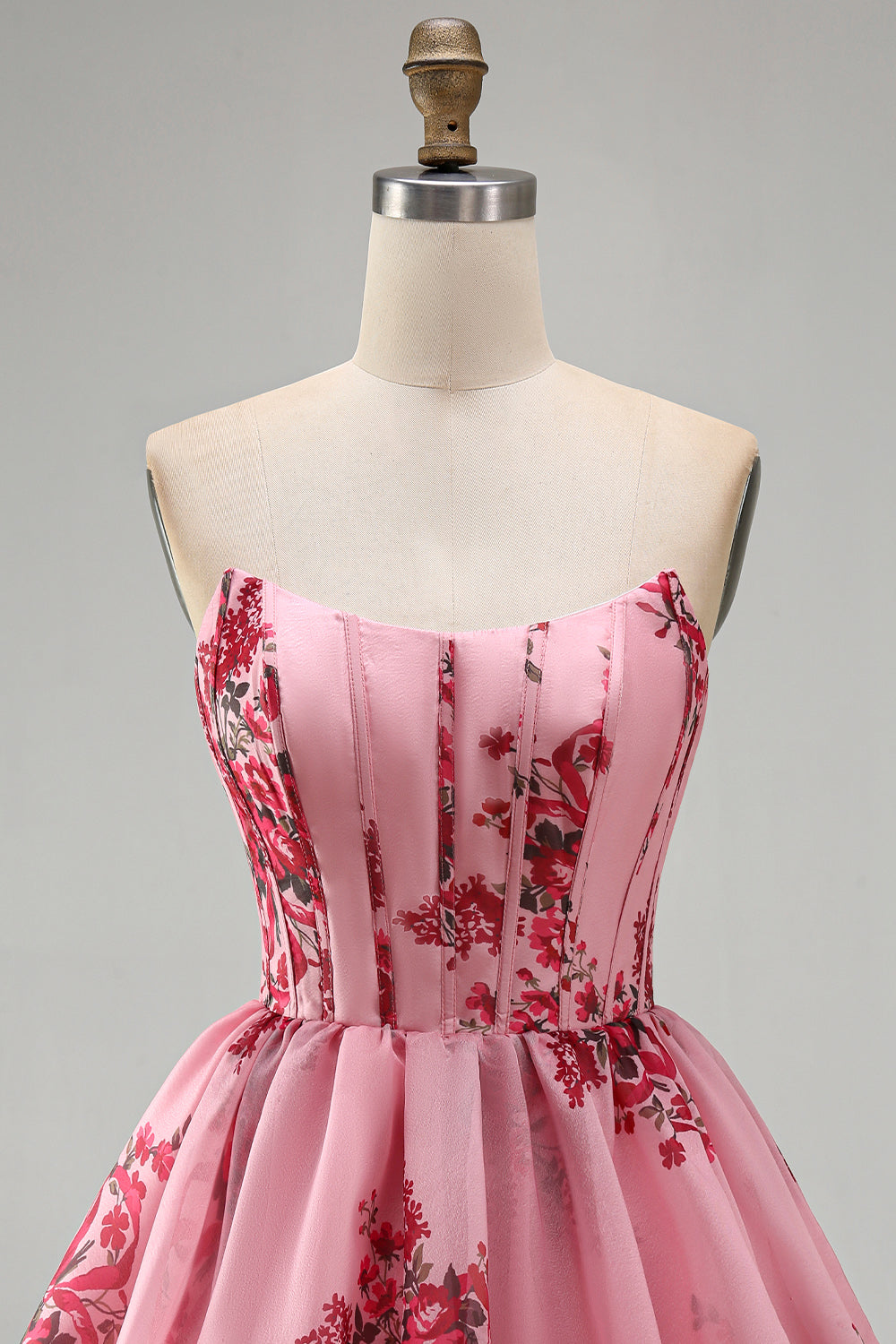 Strapless Floral Pink A Line Short Corset Homecoming Dress