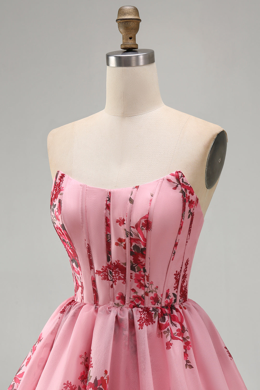 Strapless Floral Pink A Line Short Corset Homecoming Dress