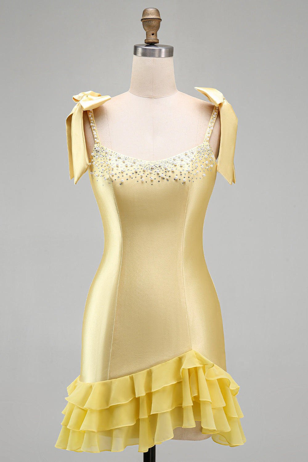 Yellow Ruffed Beaded Satin Tight Short Homecoming Dress with Bows