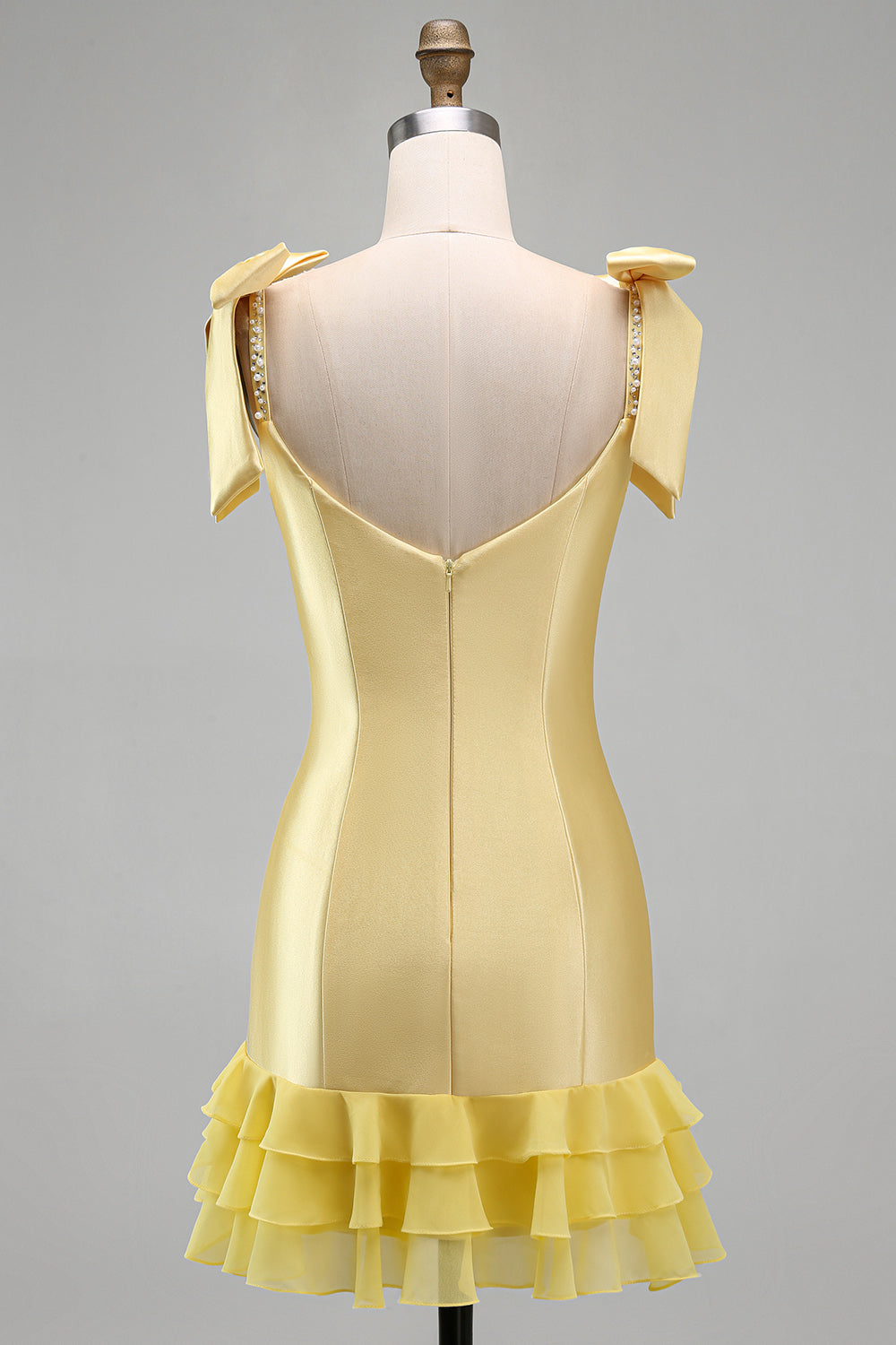 Yellow Ruffed Beaded Satin Tight Short Homecoming Dress with Bows