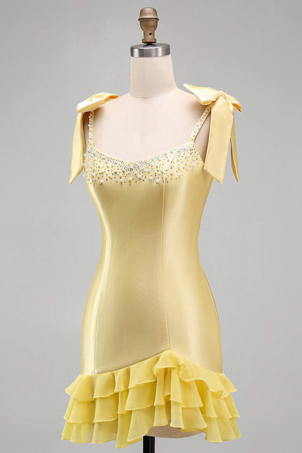 Yellow Ruffed Beaded Satin Tight Short Homecoming Dress with Bows