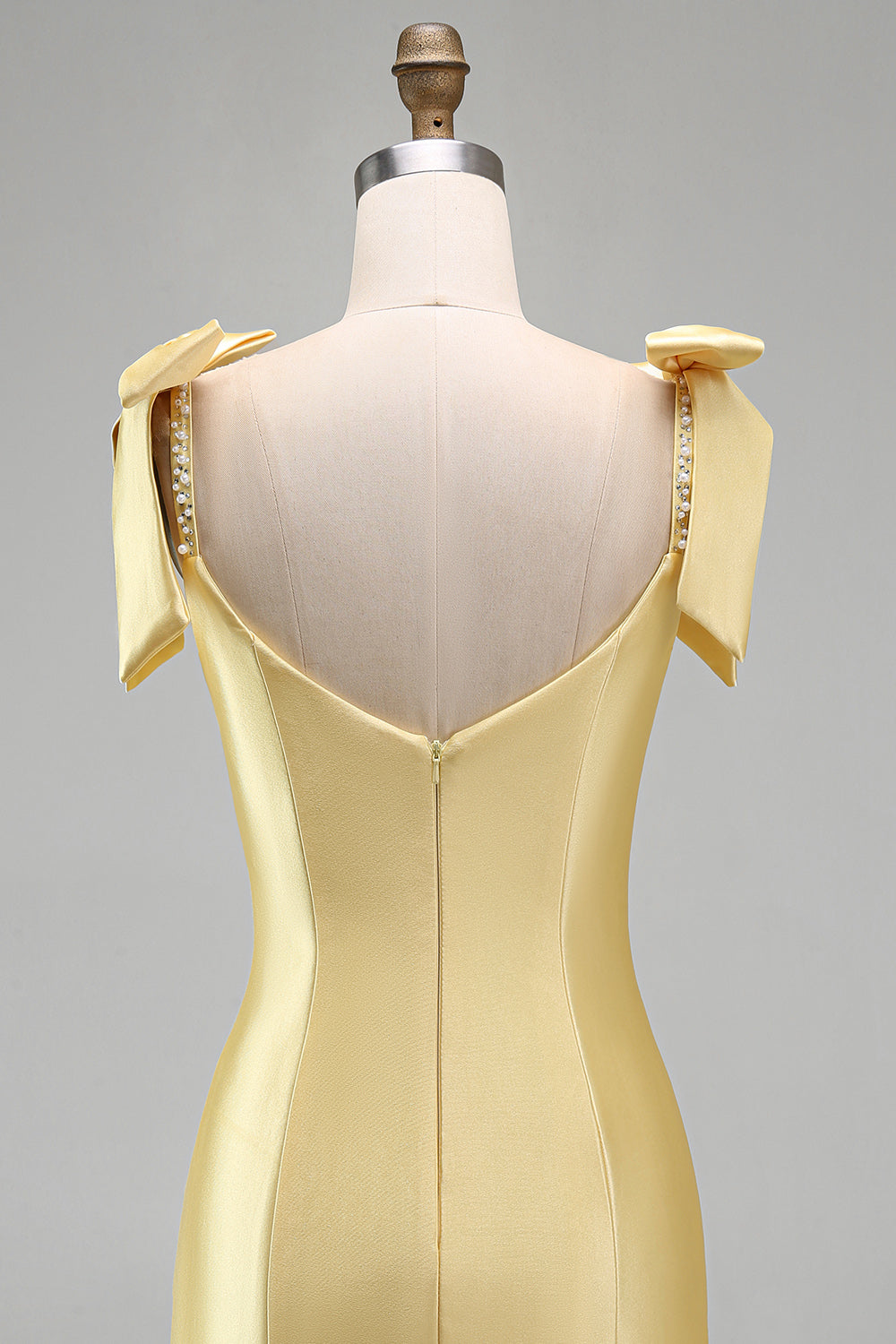 Yellow Ruffed Beaded Satin Tight Short Homecoming Dress with Bows