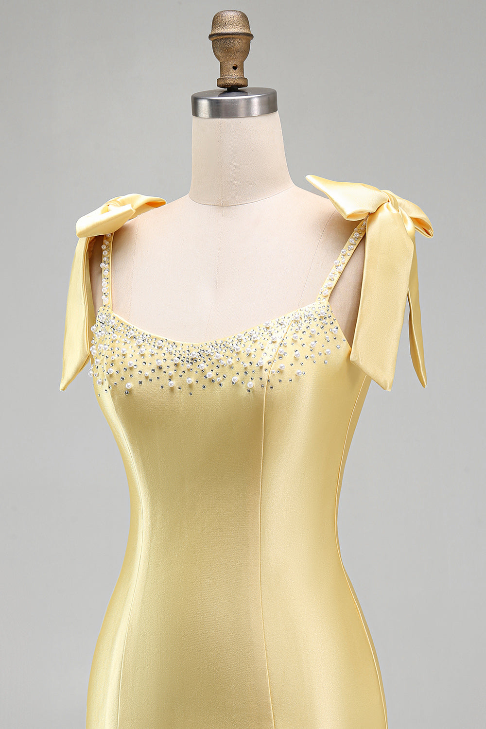 Yellow Ruffed Beaded Satin Tight Short Homecoming Dress with Bows