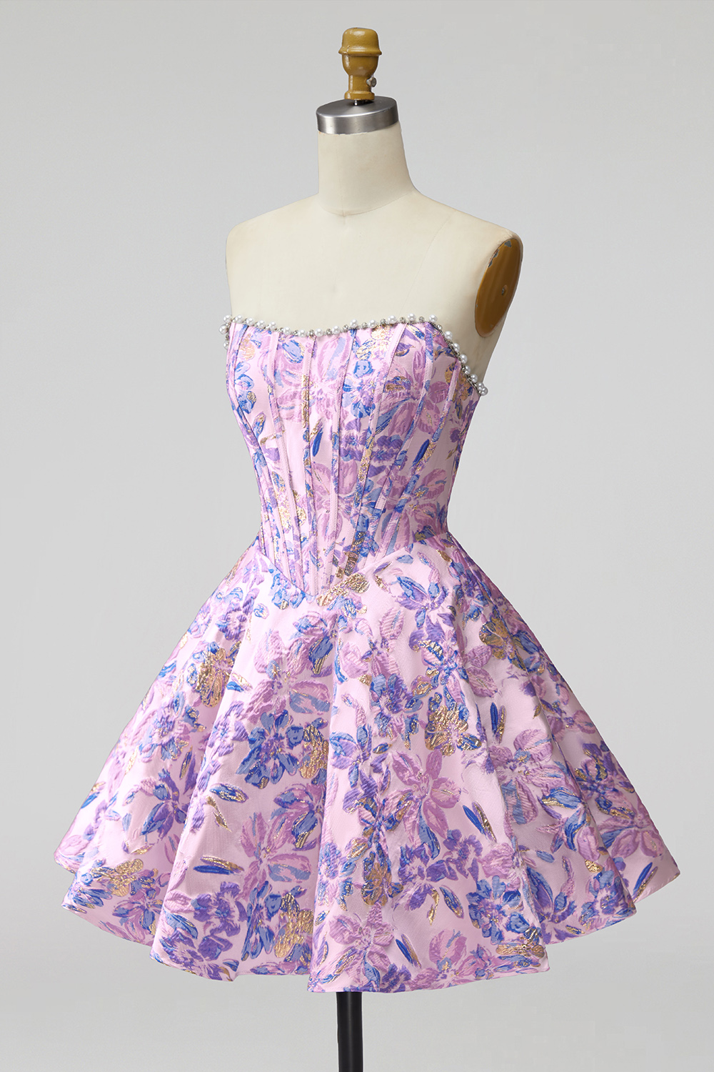 Lilac Flower Corset A Line Short Homecoming Dress with Pearls