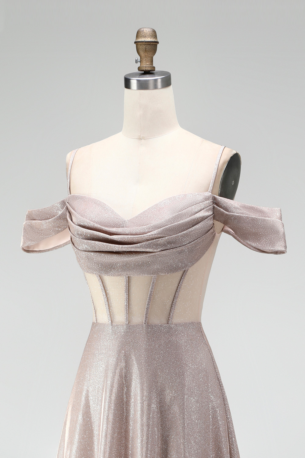 Shallow Champagne Corset Off the Shoulder A-Line Long Prom Dress