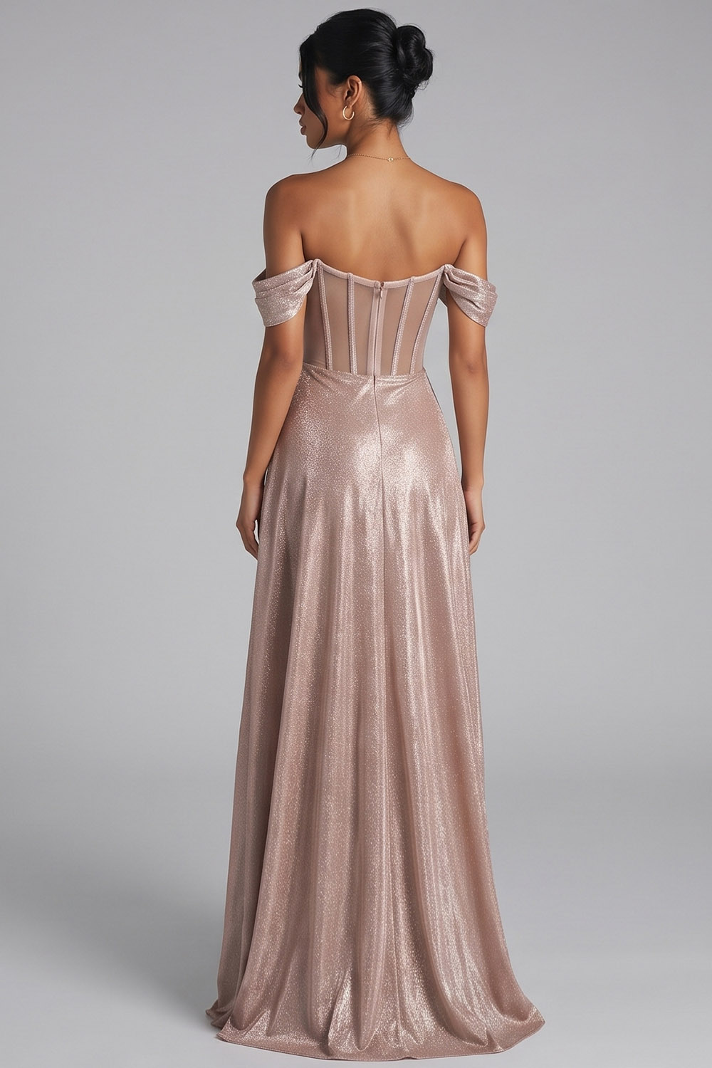 Shallow Champagne Corset Off the Shoulder A-Line Long Prom Dress
