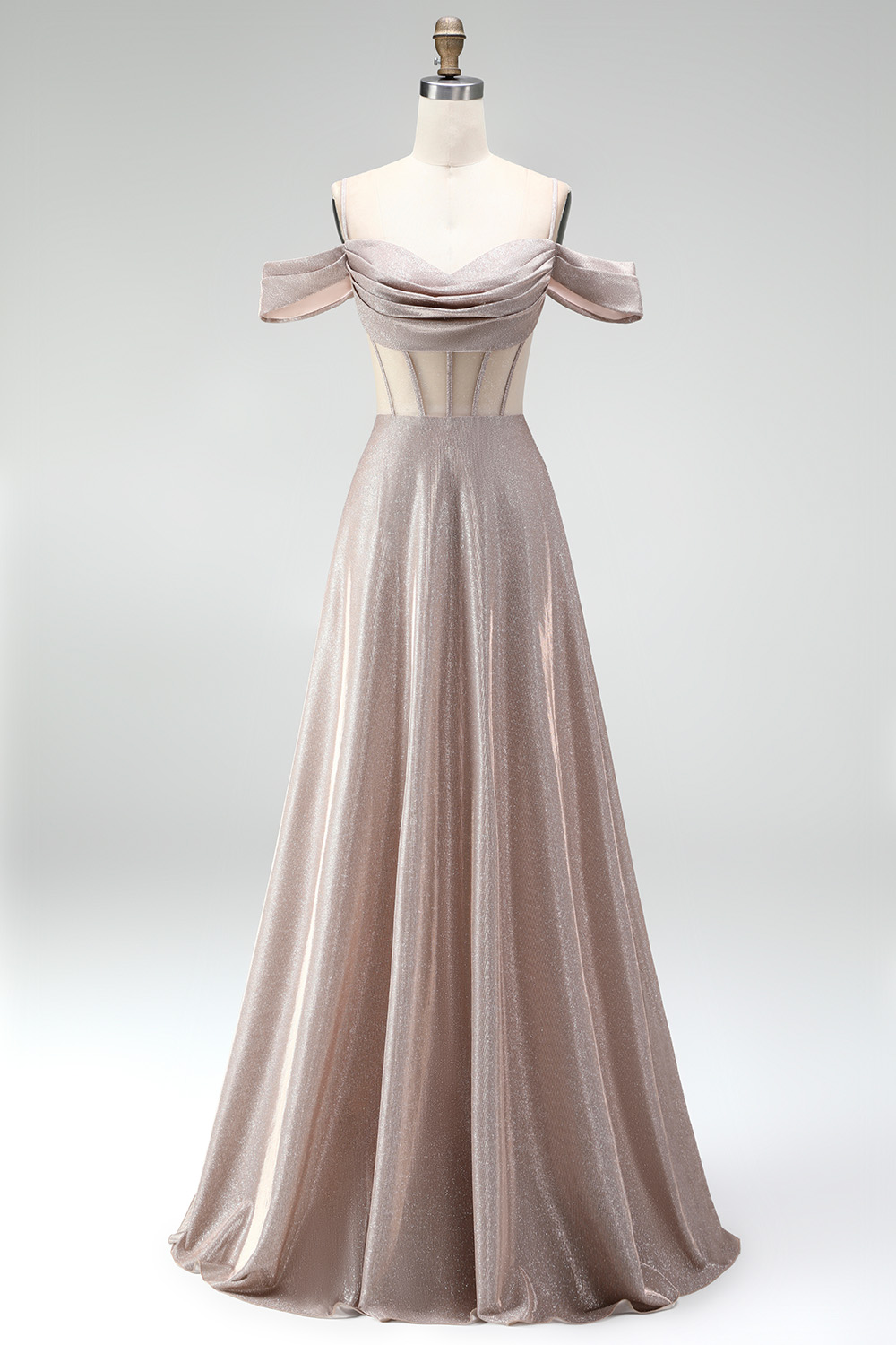 Shallow Champagne Corset Off the Shoulder A-Line Long Prom Dress