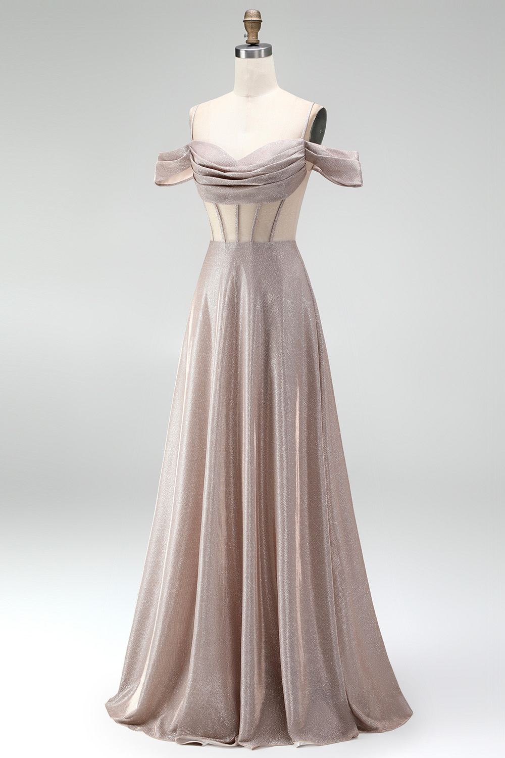Shallow Champagne Corset Off the Shoulder A-Line Long Prom Dress