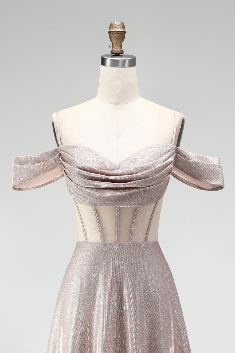 Shallow Champagne Corset Off the Shoulder A-Line Long Prom Dress