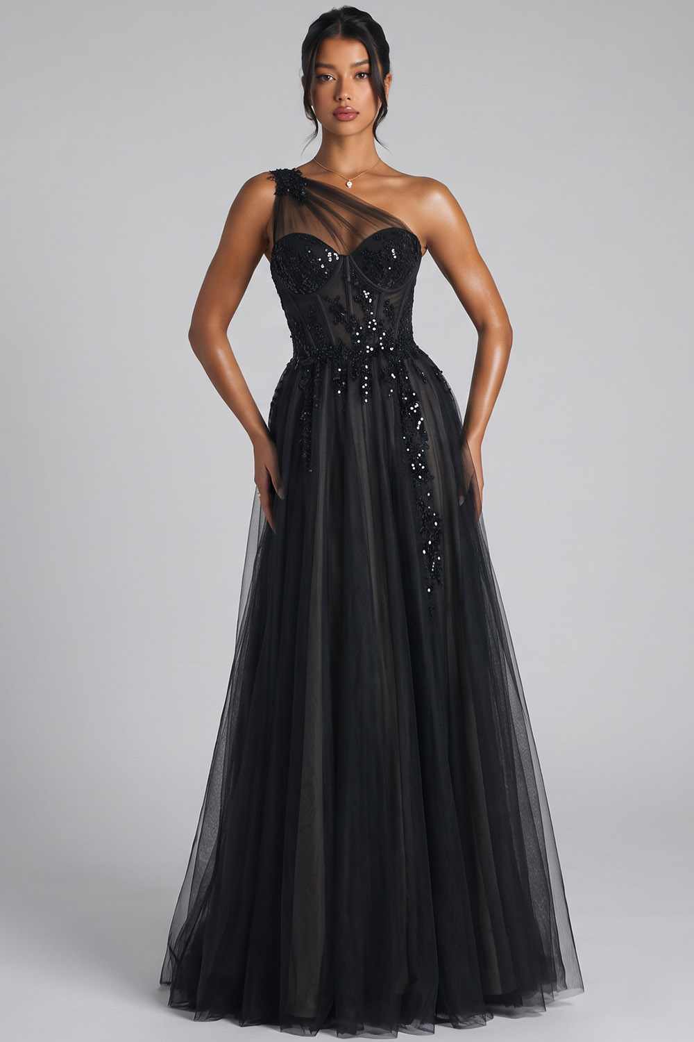 Black Corset One Shoulder Tulle Long Prom Dress with Appliques