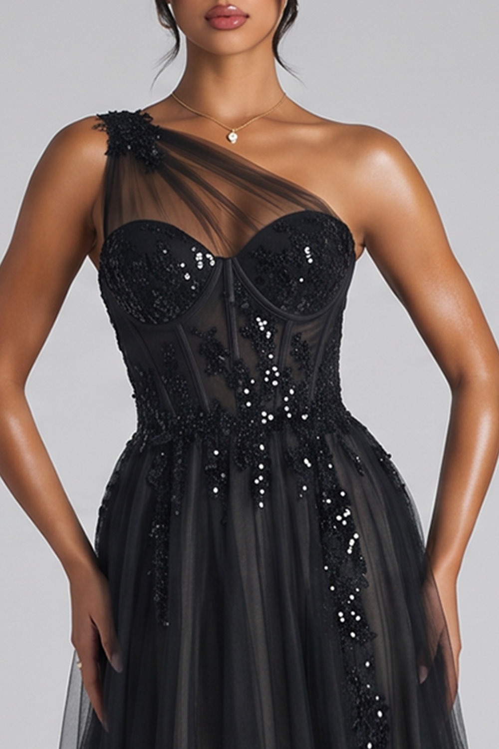 Black Corset One Shoulder Tulle Long Prom Dress with Appliques