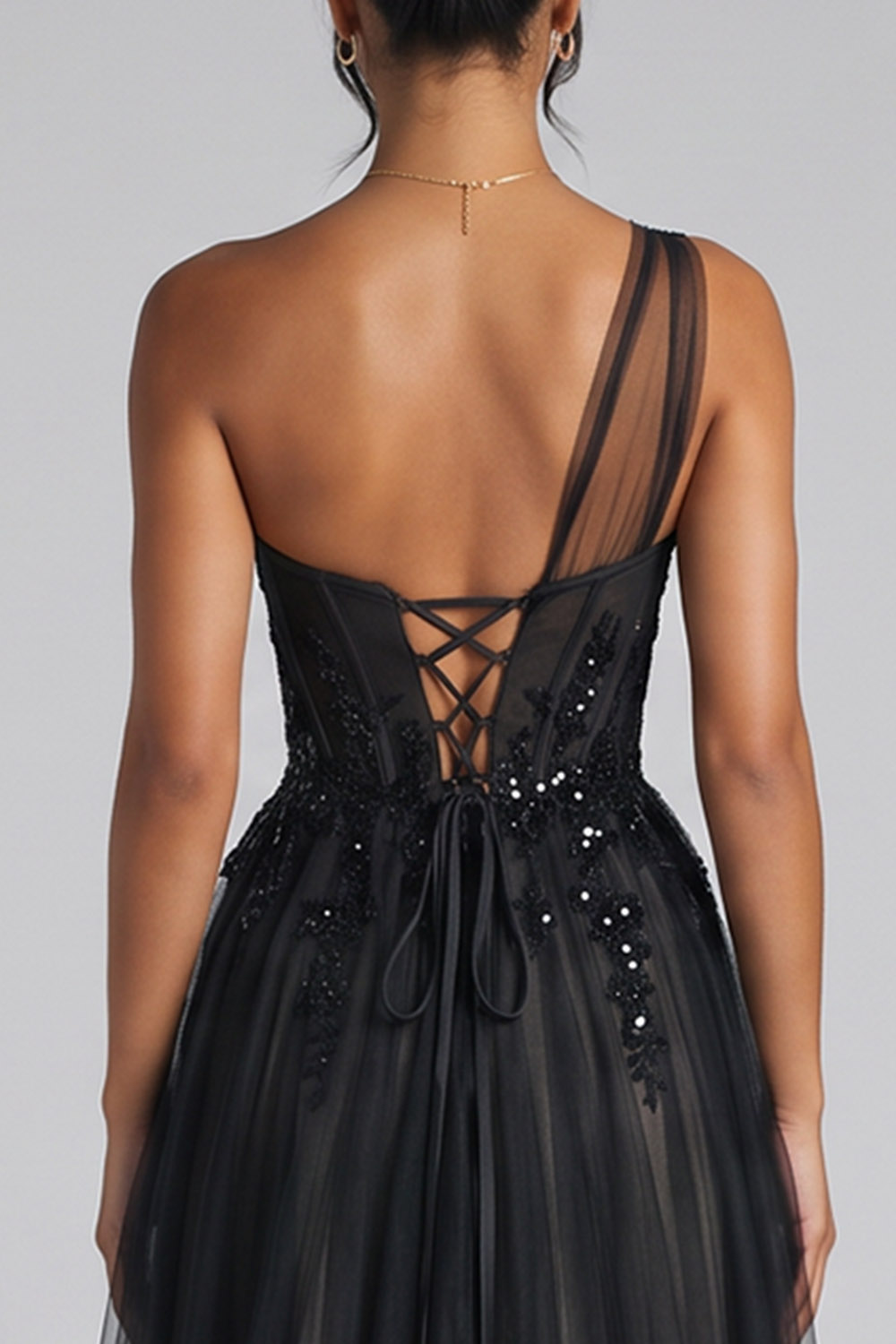 Black Corset One Shoulder Tulle Long Prom Dress with Appliques