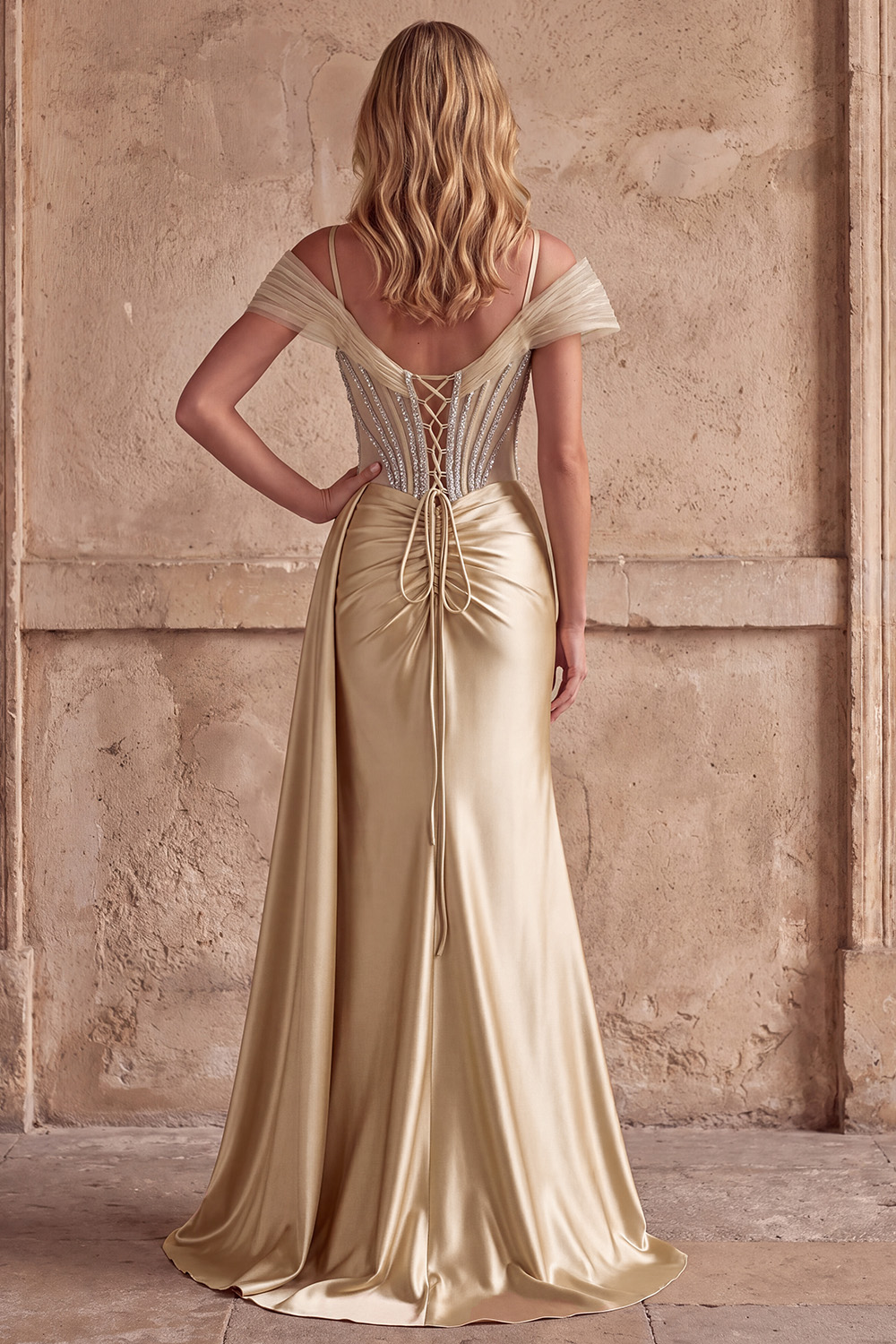 Champagne Corset Cold Shoulder Long Prom Dress with Beading