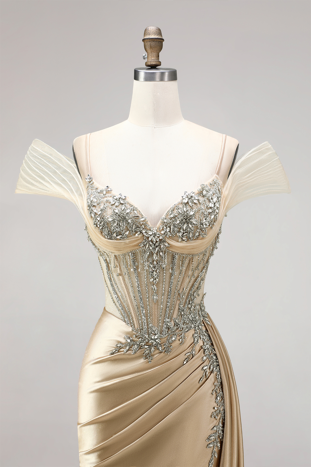 Champagne Corset Cold Shoulder Long Prom Dress with Beading