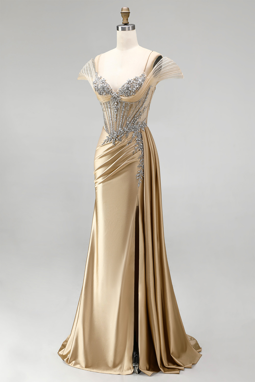 Champagne Corset Cold Shoulder Long Prom Dress with Beading