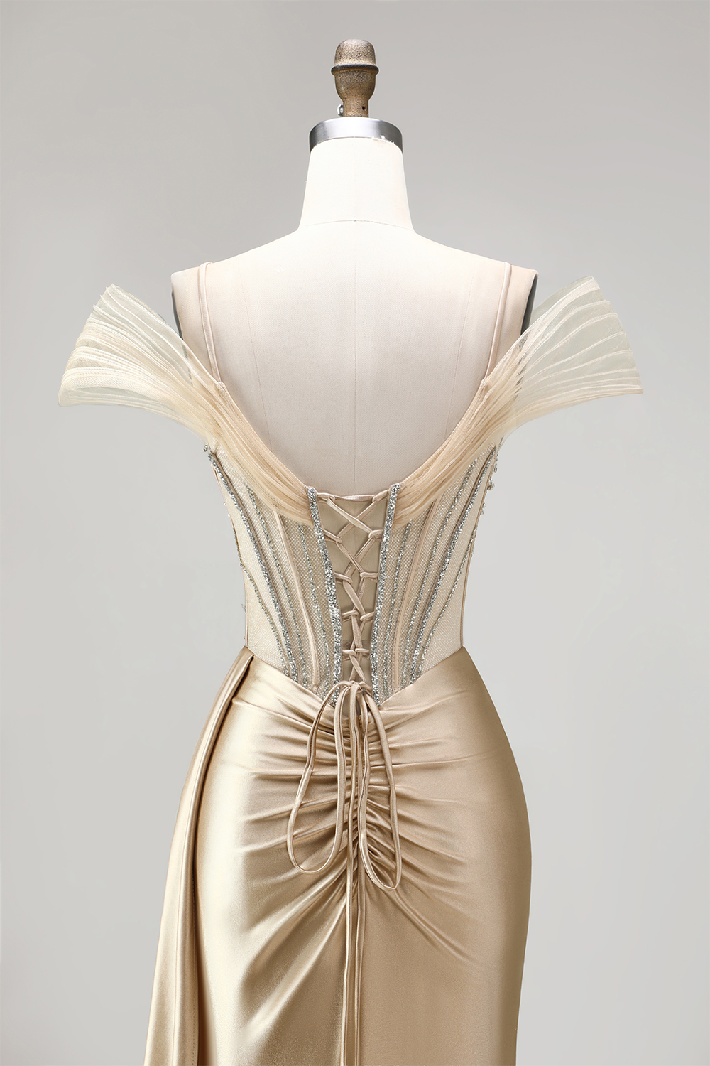 Champagne Corset Cold Shoulder Long Prom Dress with Beading
