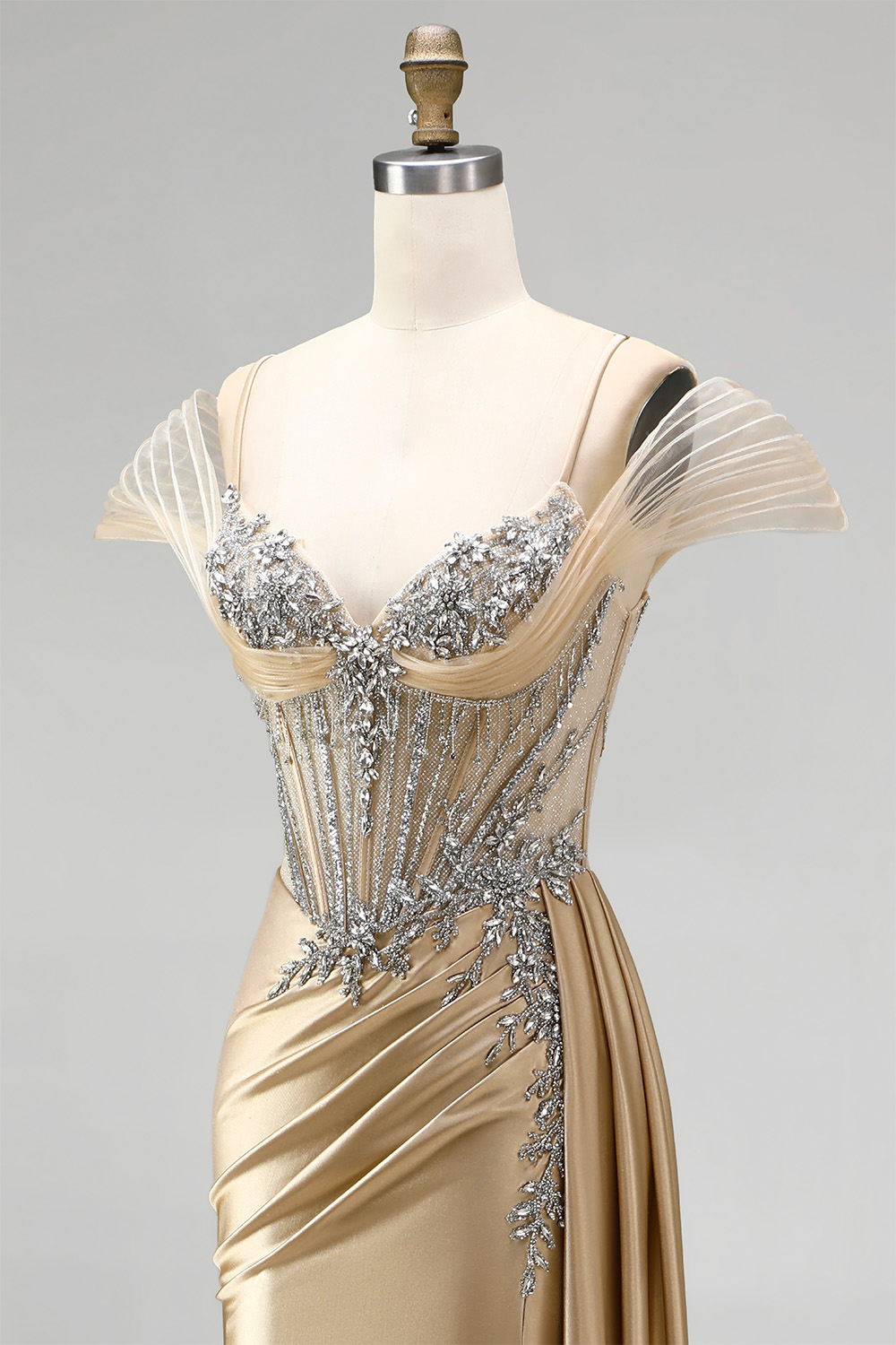 Champagne Corset Cold Shoulder Long Prom Dress with Beading