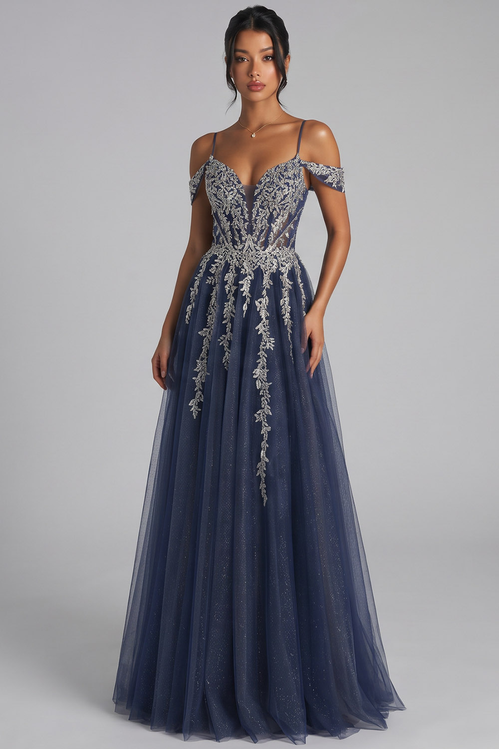 Navy A-Line Cold Shoulder Long Prom Dress with Appliques