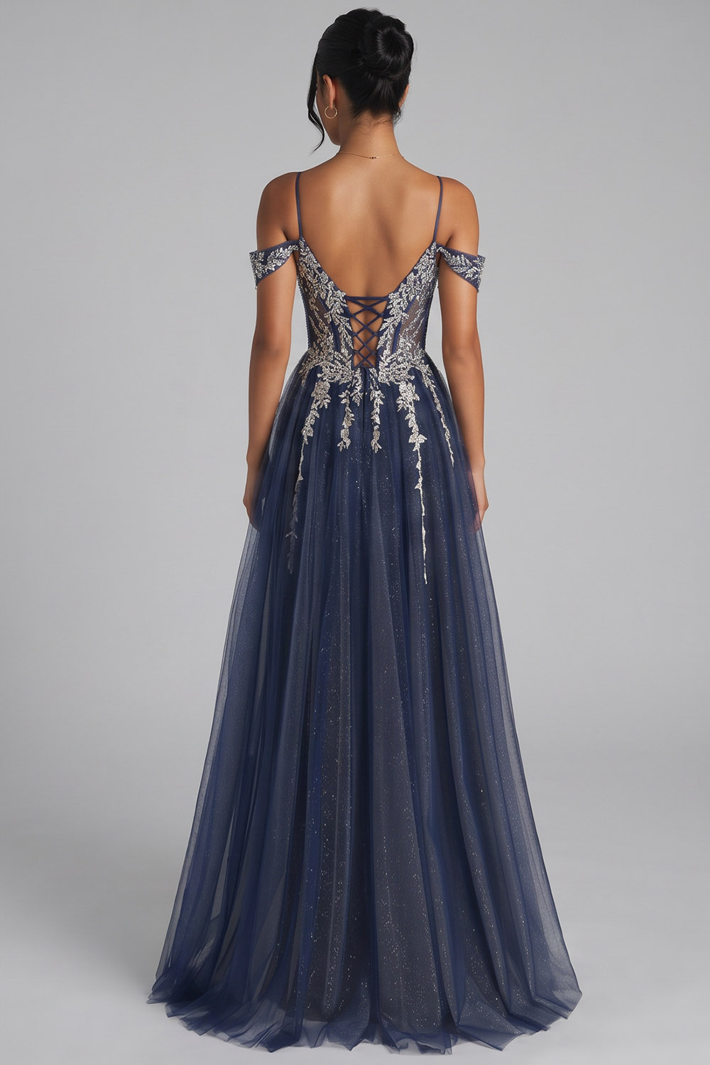 Navy A-Line Cold Shoulder Long Prom Dress with Appliques
