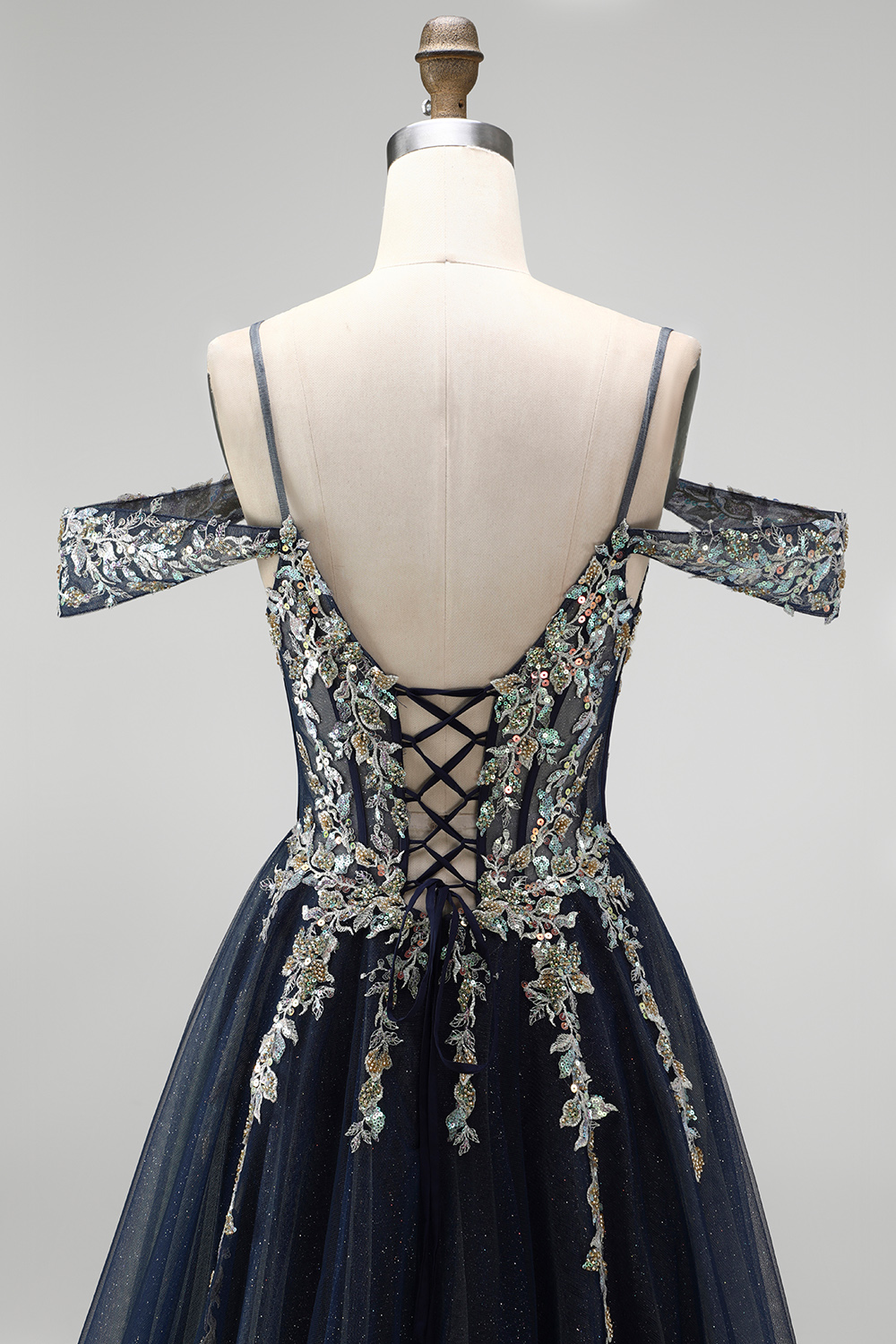 Navy A-Line Cold Shoulder Long Prom Dress with Appliques