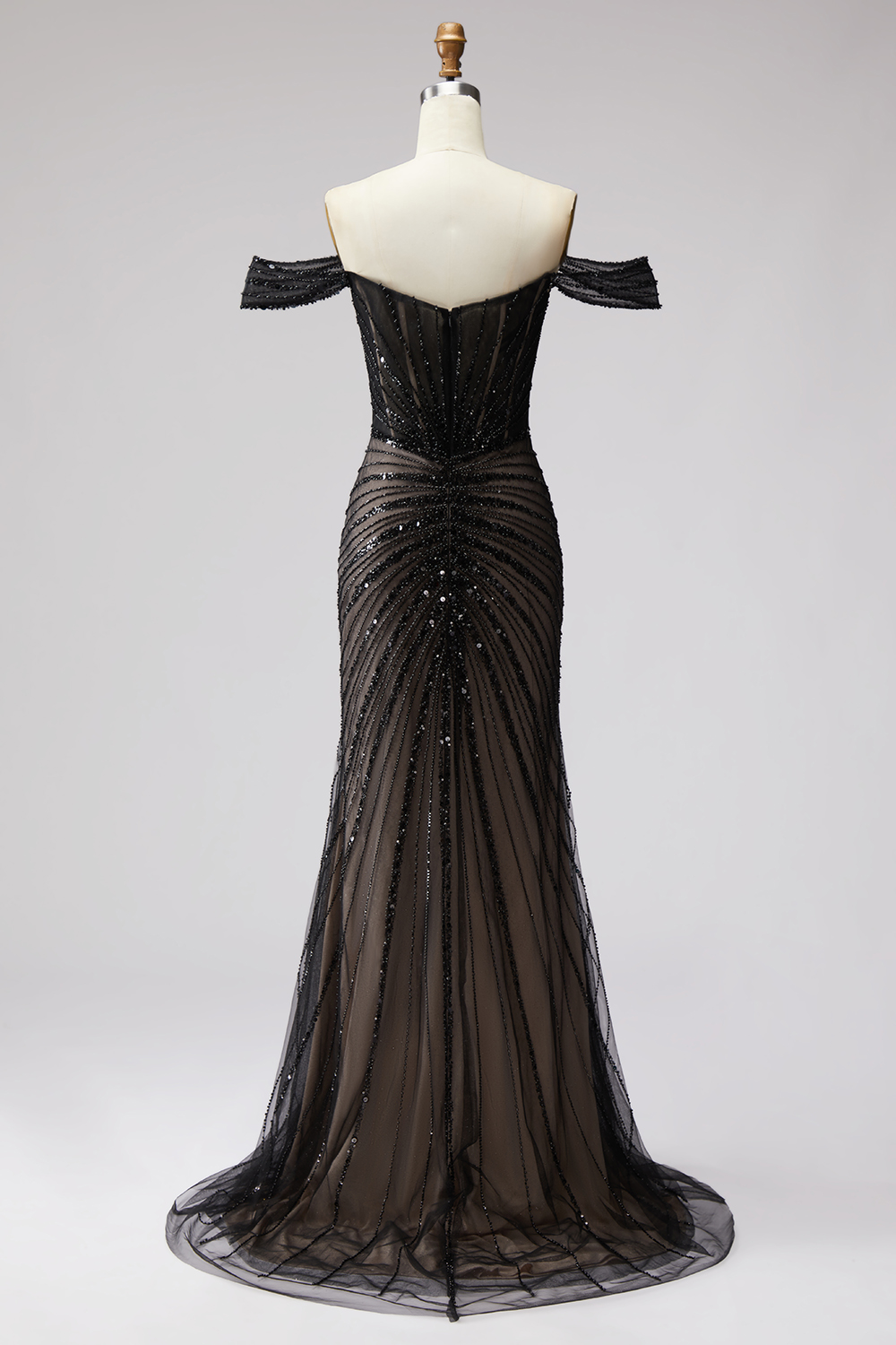 Sparkly Black Sequin Corset Off the Shoulder Long Formal Dress