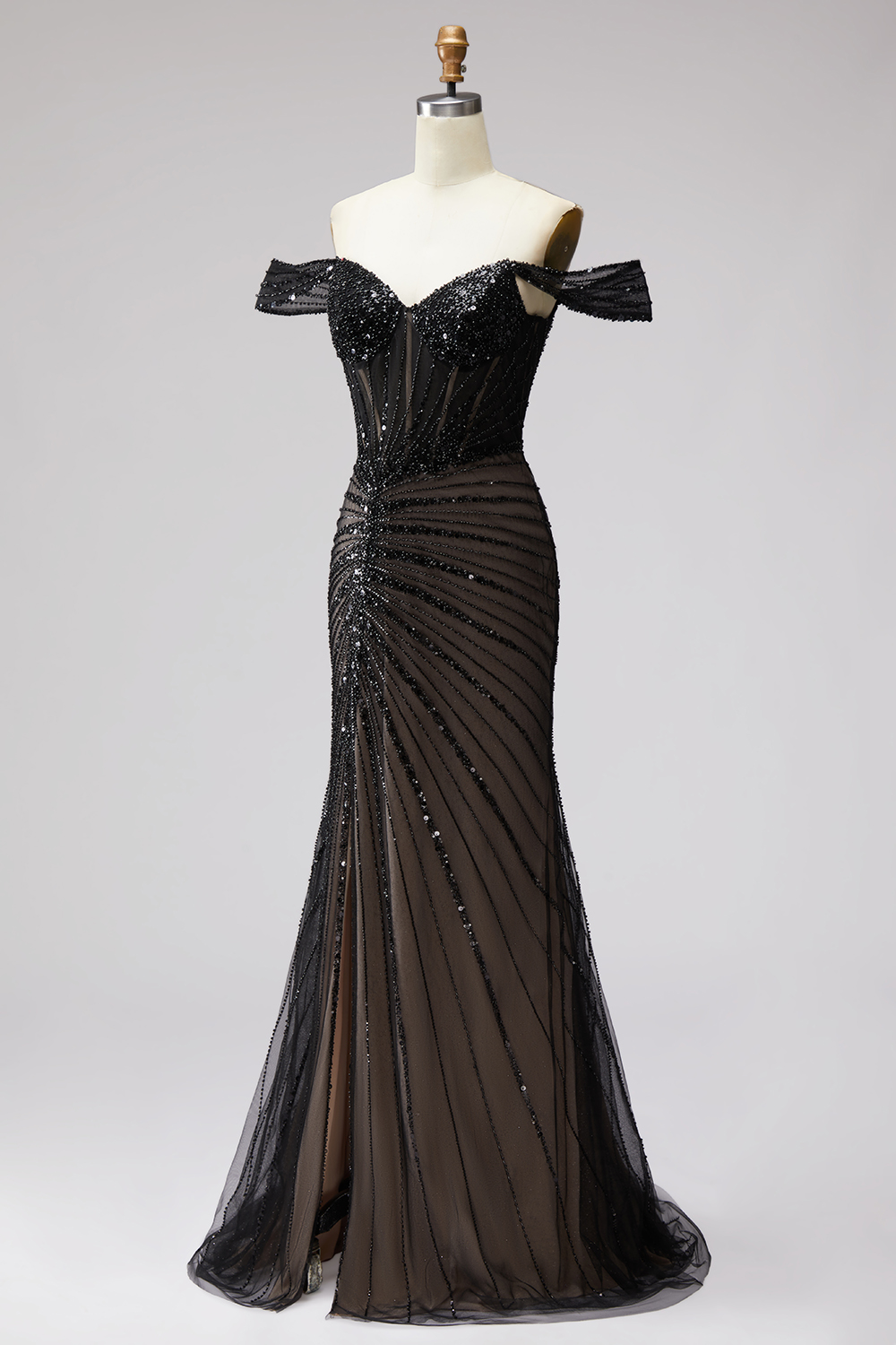 Sparkly Black Sequin Corset Off the Shoulder Long Formal Dress