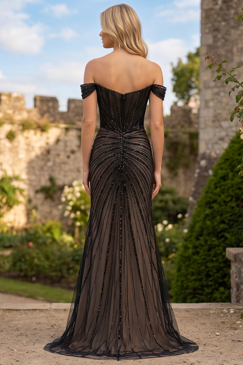 Sparkly Black Sequin Corset Off the Shoulder Long Formal Dress