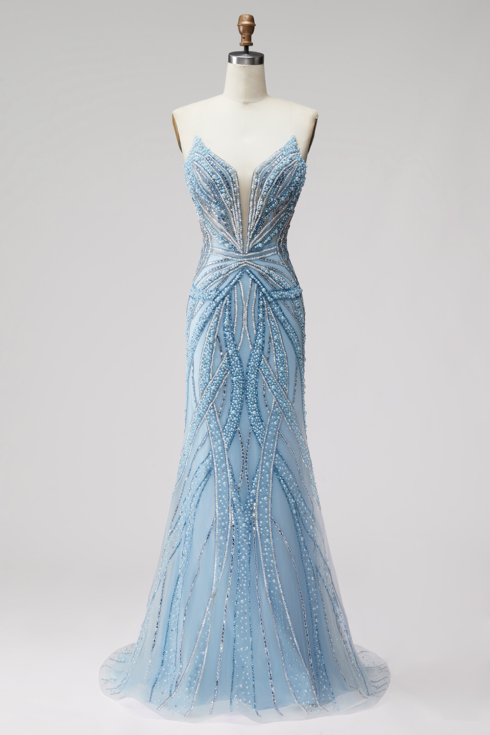 Sparkly Beaded Light Blue Mermaid Strapless Long Prom Dress 