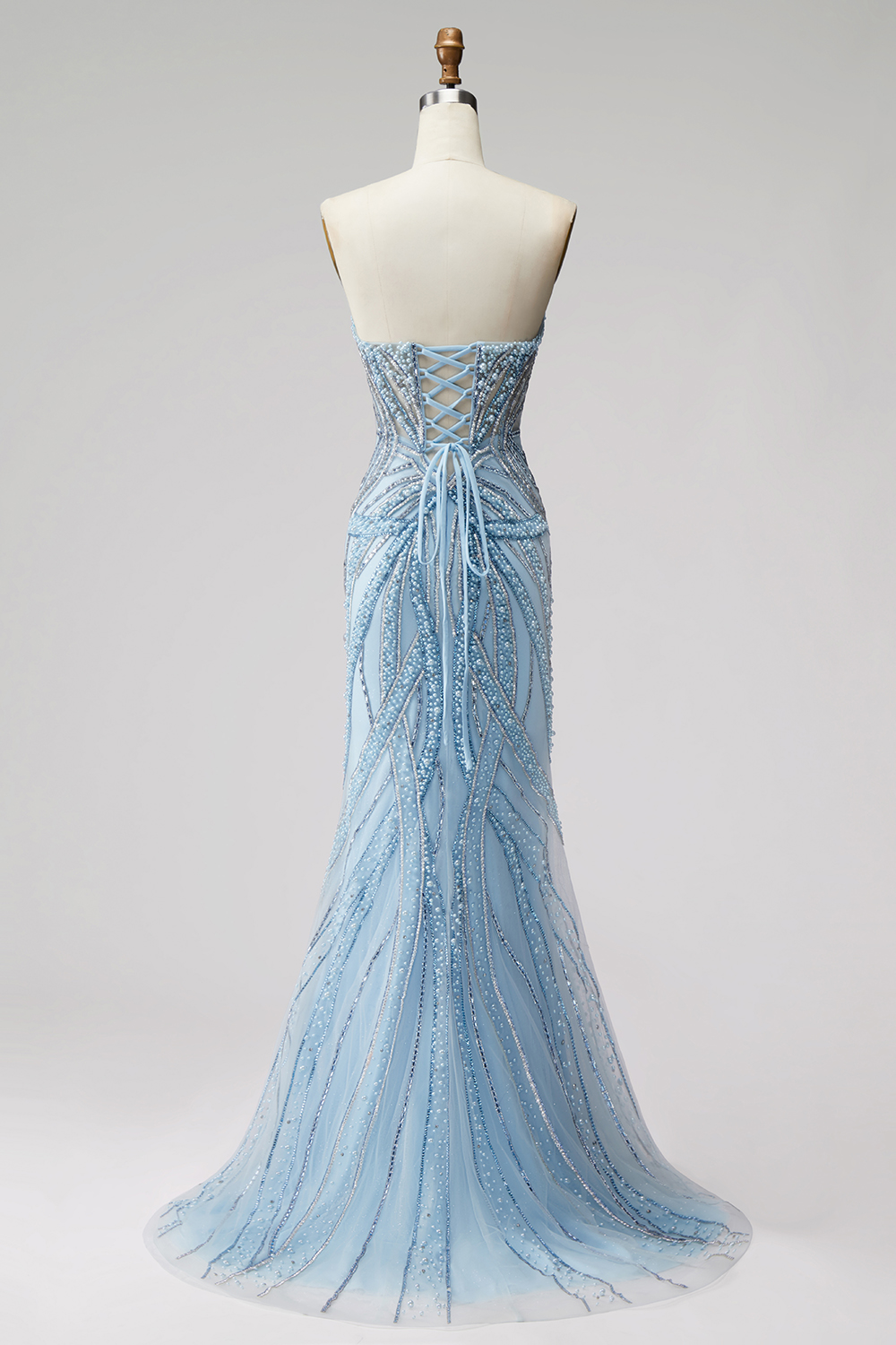 Sparkly Beaded Light Blue Mermaid Strapless Long Prom Dress 