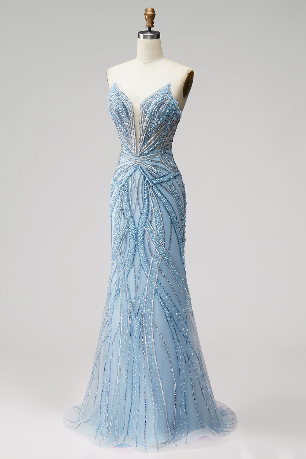 Sparkly Beaded Light Blue Mermaid Strapless Long Prom Dress 