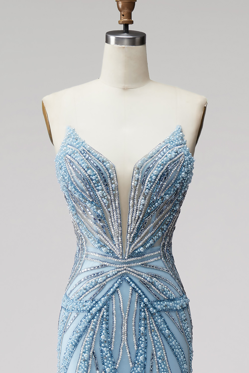 Sparkly Beaded Light Blue Mermaid Strapless Long Prom Dress 