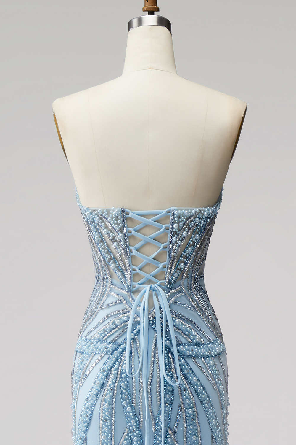 Sparkly Beaded Light Blue Mermaid Strapless Long Prom Dress 