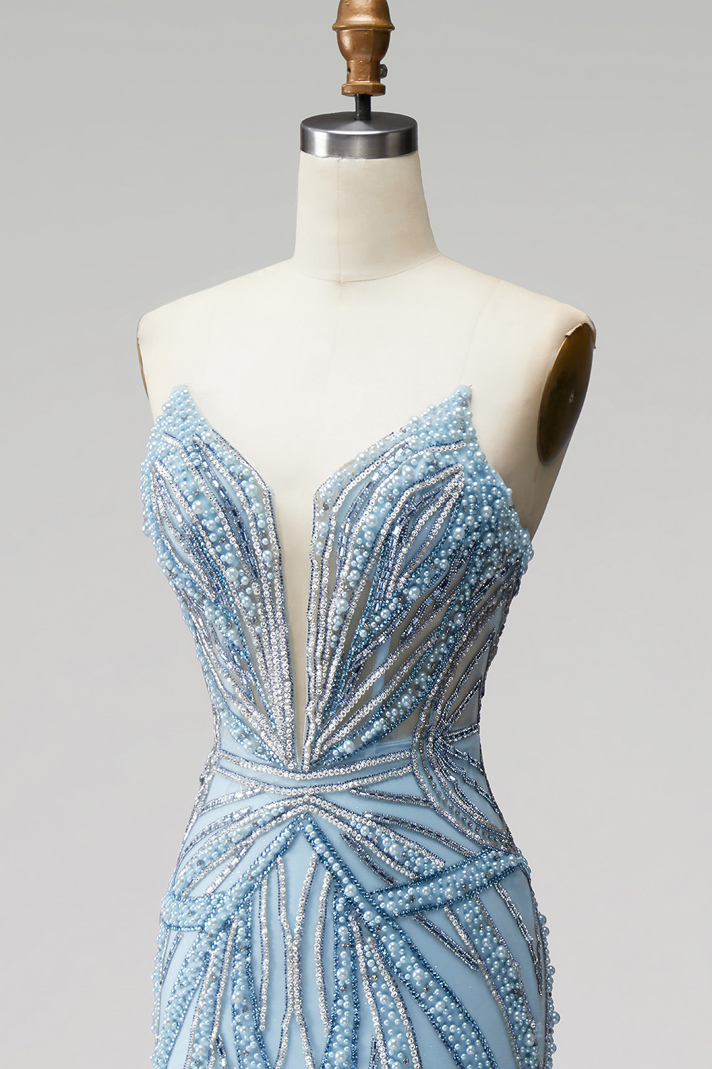 Sparkly Beaded Light Blue Mermaid Strapless Long Prom Dress 
