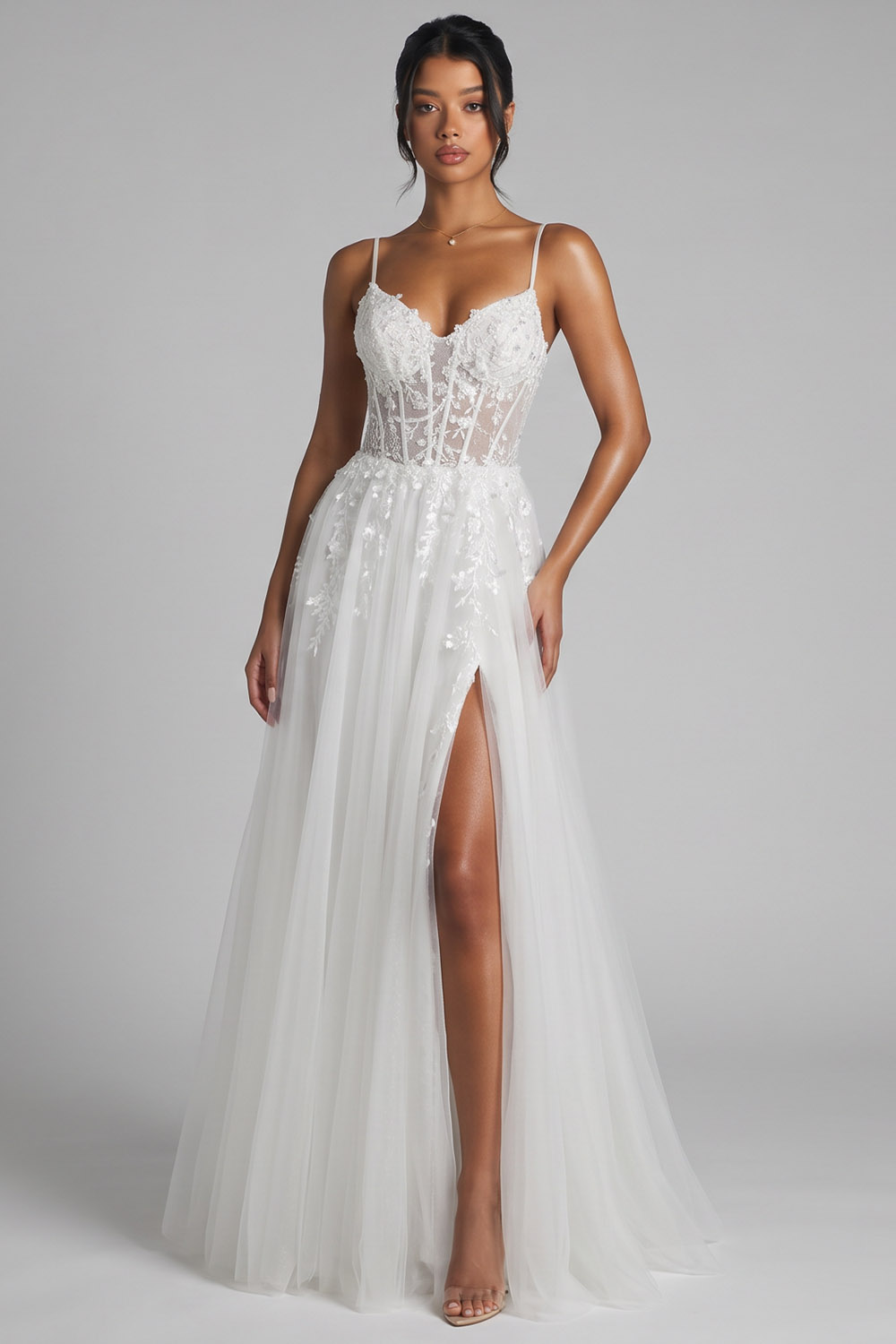 White Corset A-Line Spaghetti Straps Long Prom Dress with Slit