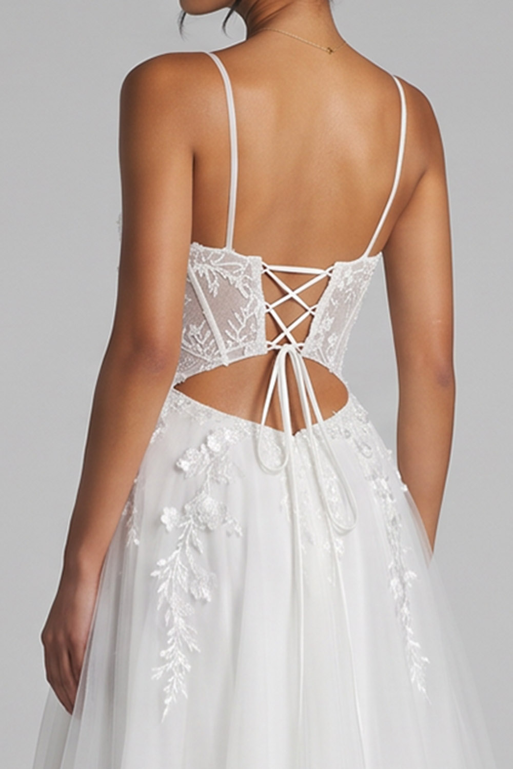 White Corset A-Line Spaghetti Straps Long Prom Dress with Slit