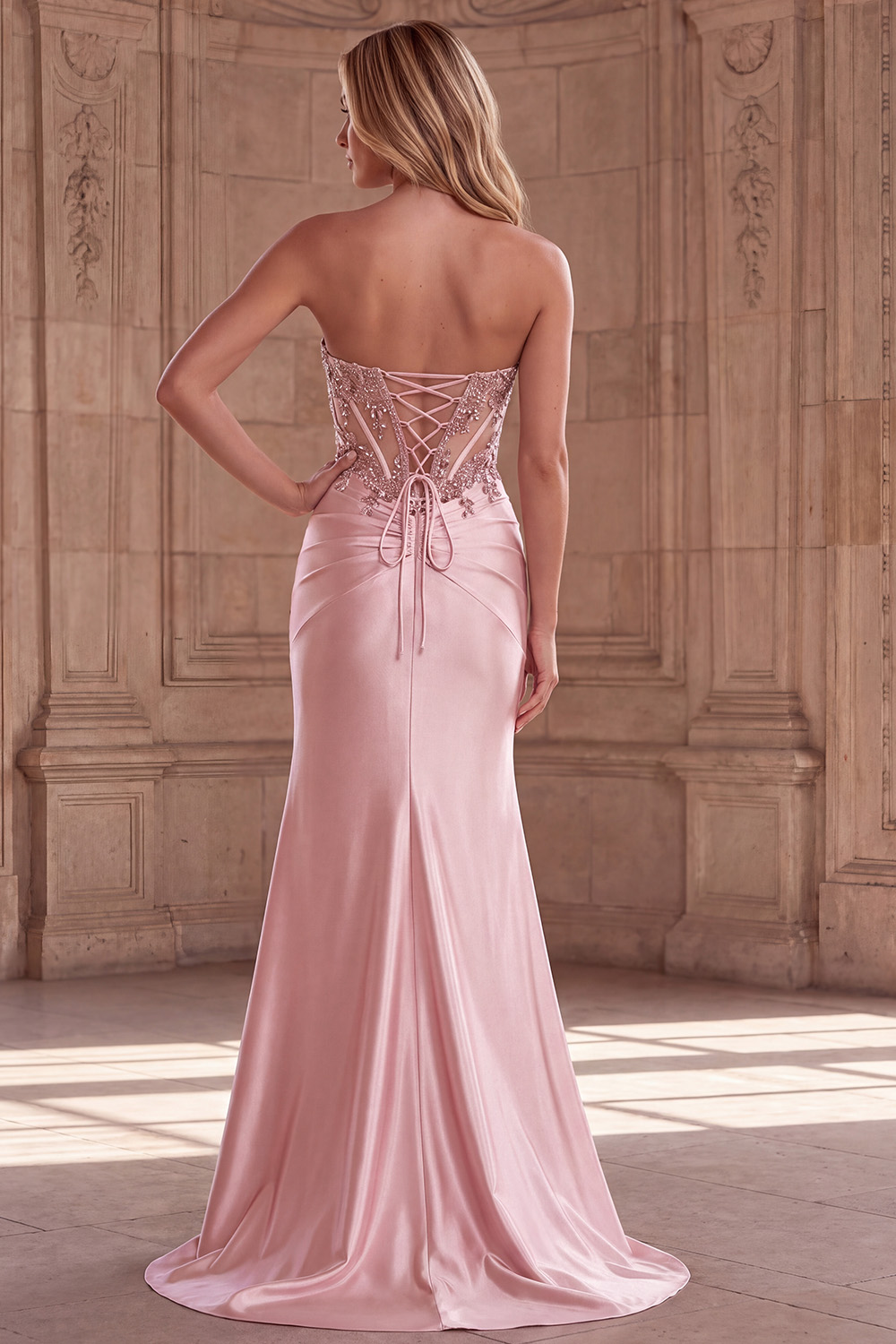 Pink Mermaid Strapless Ruched Long Prom Dress with Beading