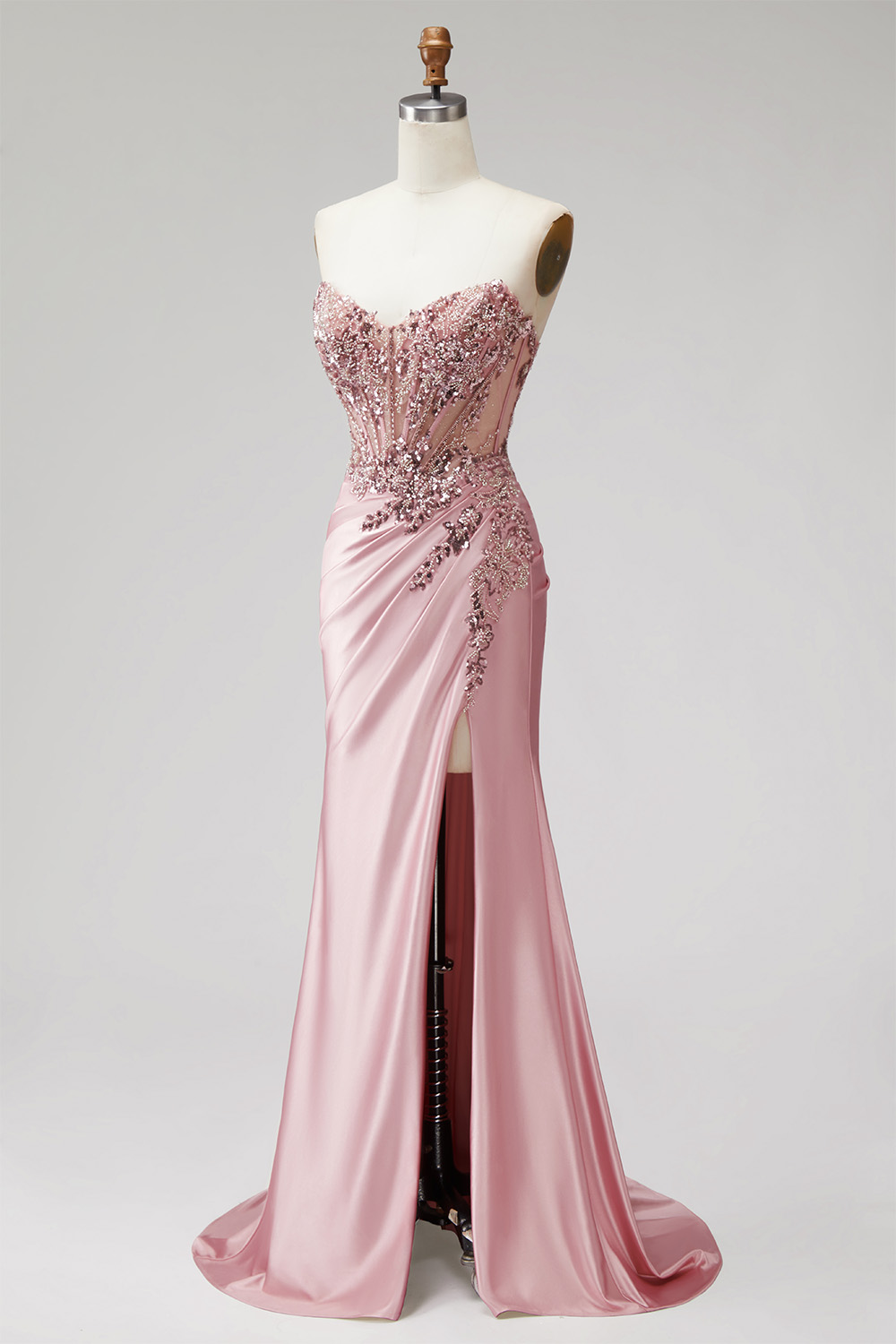 Pink Mermaid Strapless Ruched Long Prom Dress with Beading