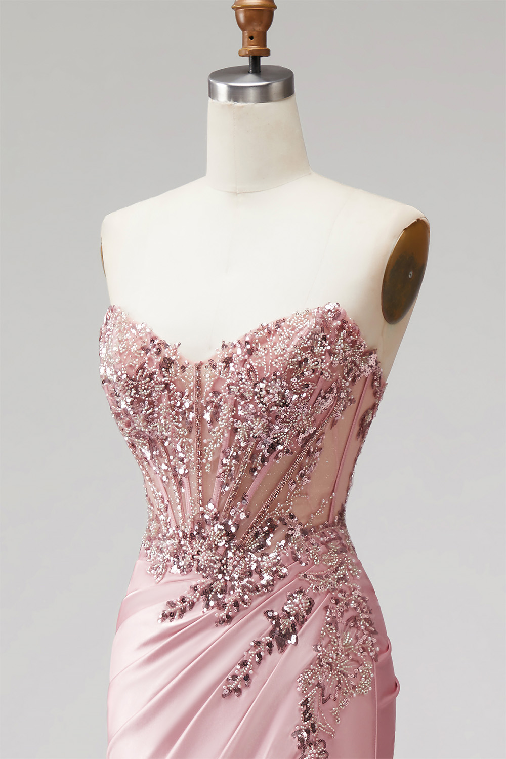 Pink Mermaid Strapless Ruched Long Prom Dress with Beading