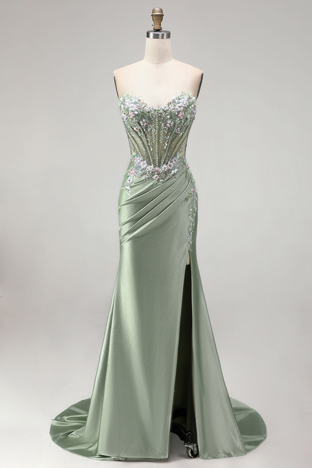 Light Green Floral Corset Sweetheart Long Prom Dress with Slit