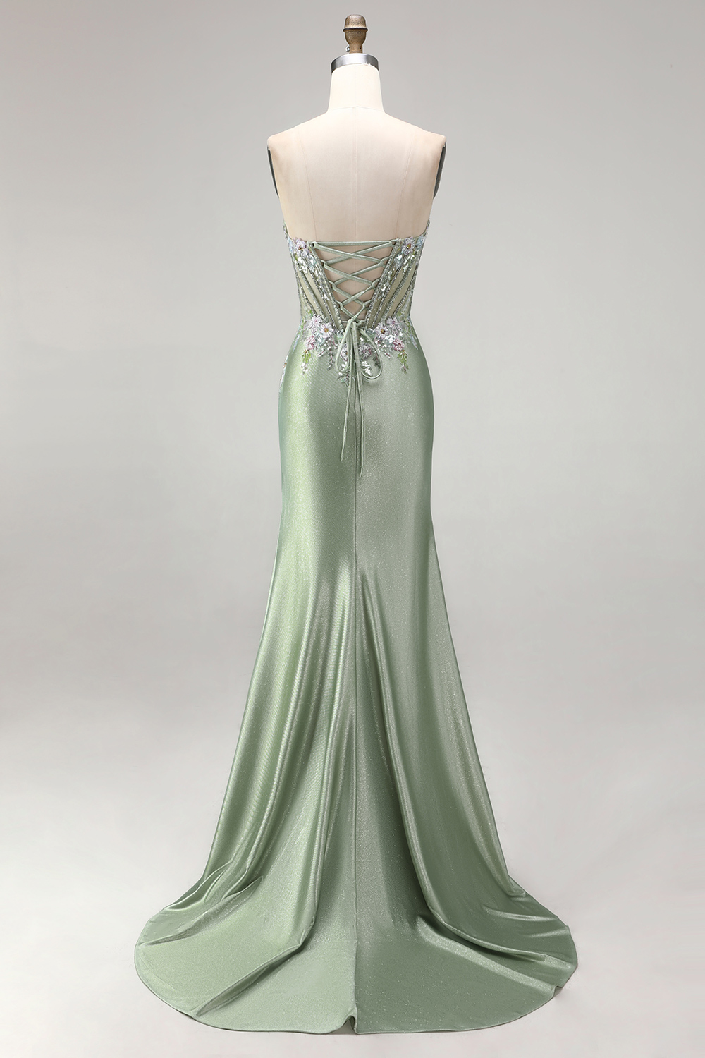 Light Green Floral Corset Sweetheart Long Prom Dress with Slit