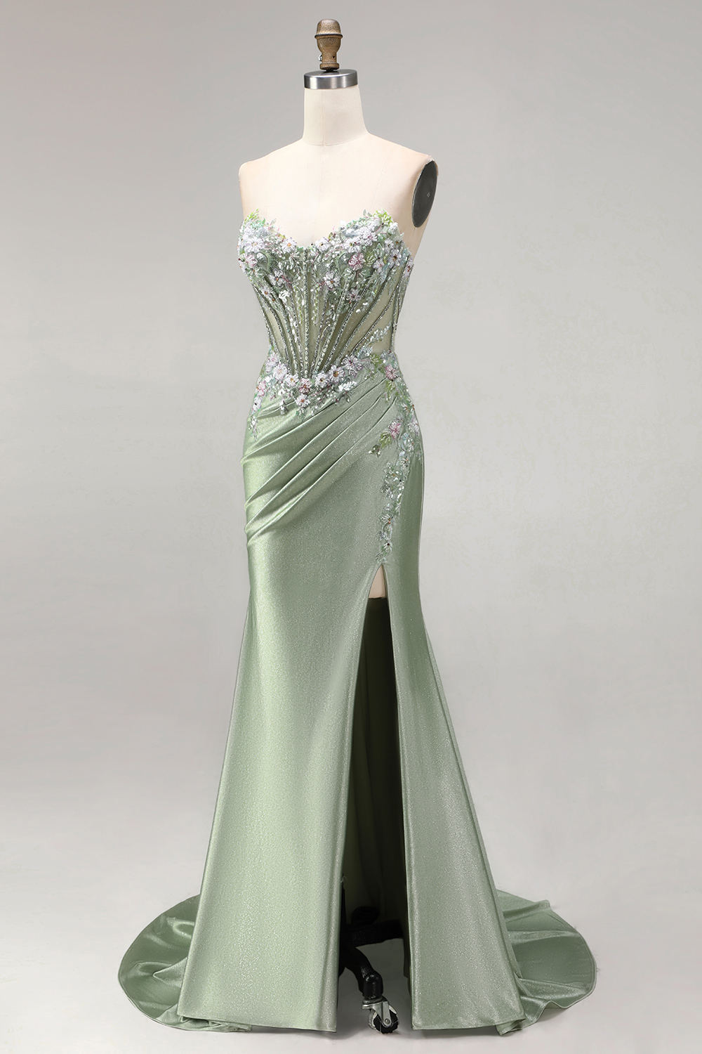 Light Green Floral Corset Sweetheart Long Prom Dress with Slit