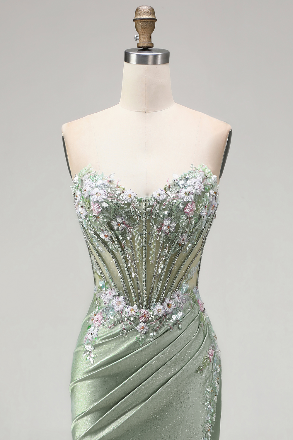 Light Green Floral Corset Sweetheart Long Prom Dress with Slit